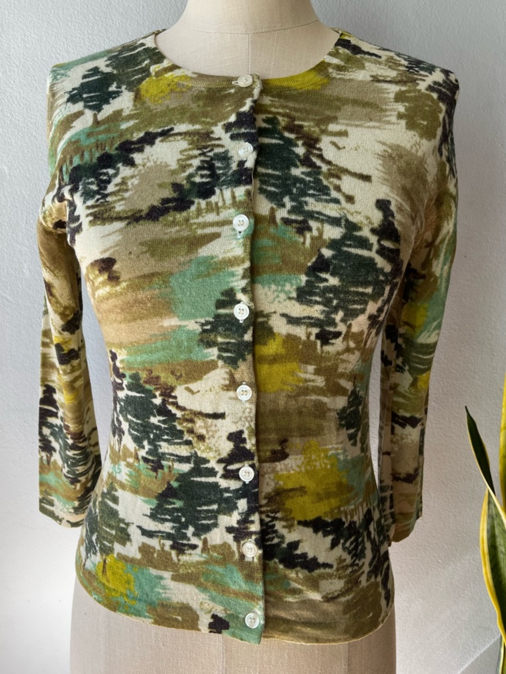 Garnet Hill• 100% Merino Wool• Watercolor Camouflage Cardigan•Sz S